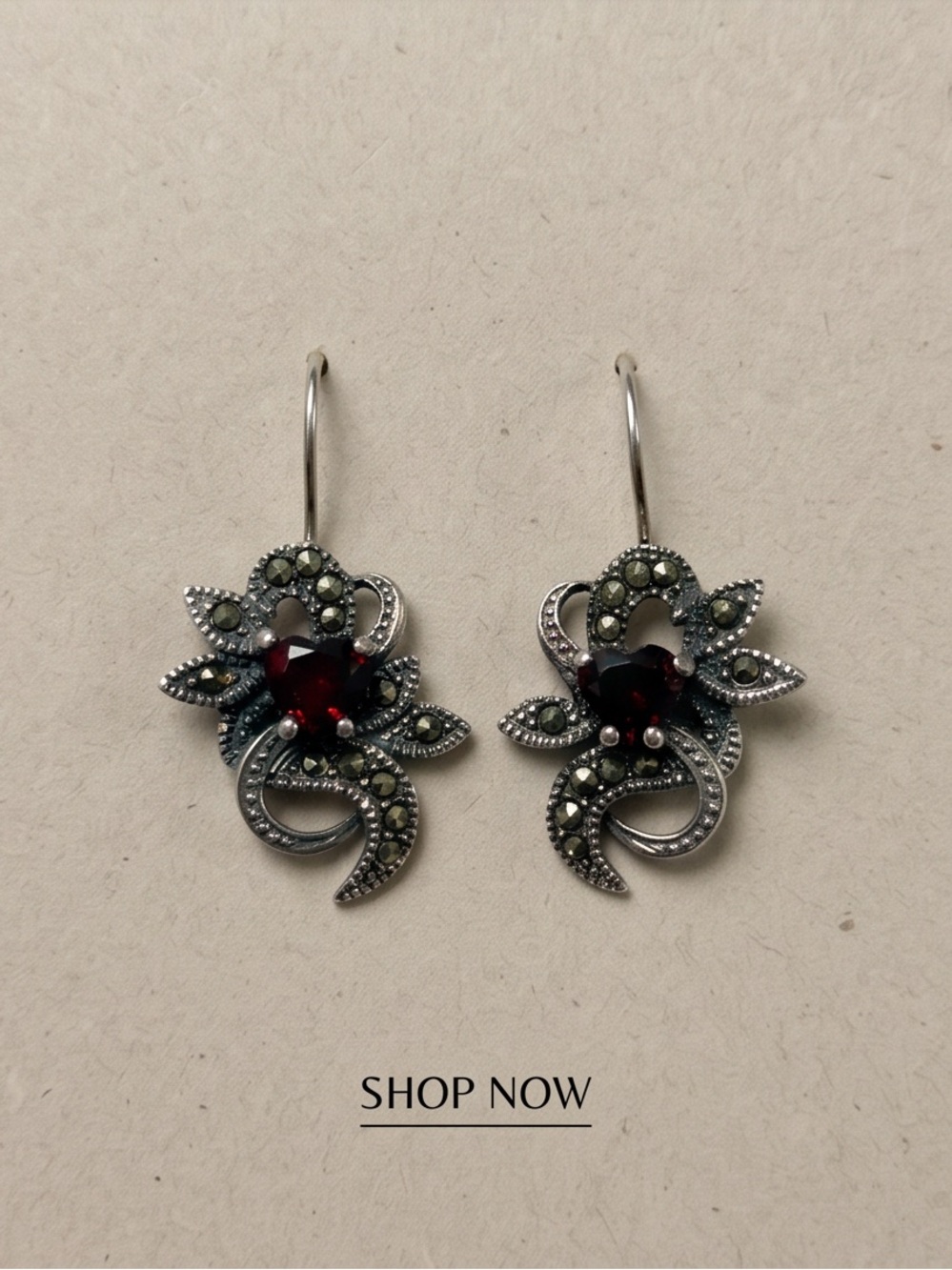 Vintage Sterling Silver Marcasite and Heart
Garnet Heart Earrings
